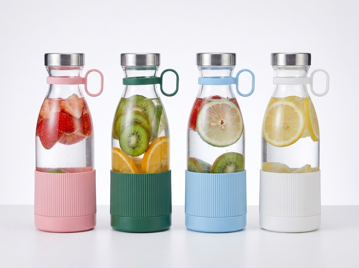 Portable juice blender in four colors: pink, green, blue, white