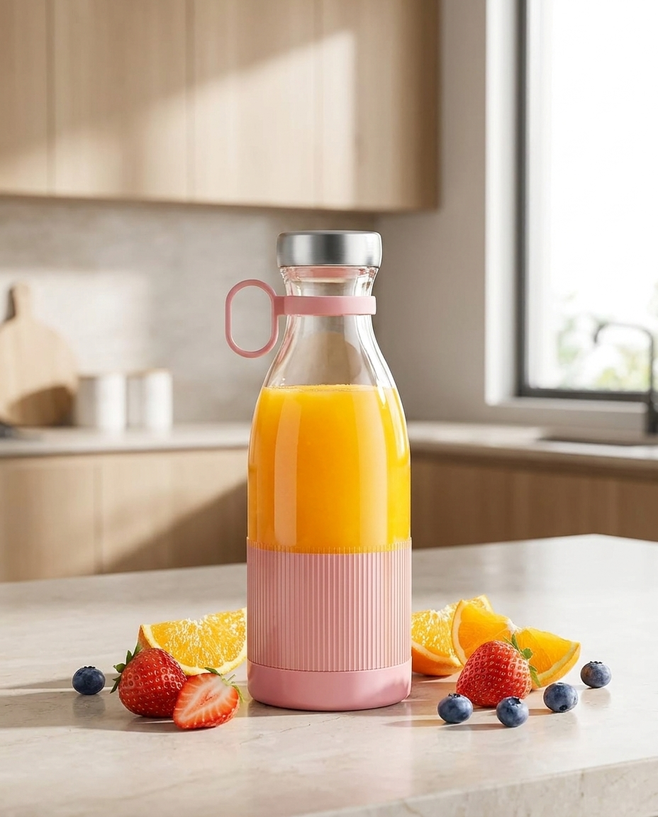 Blender on kitchen counter with fresh fruit