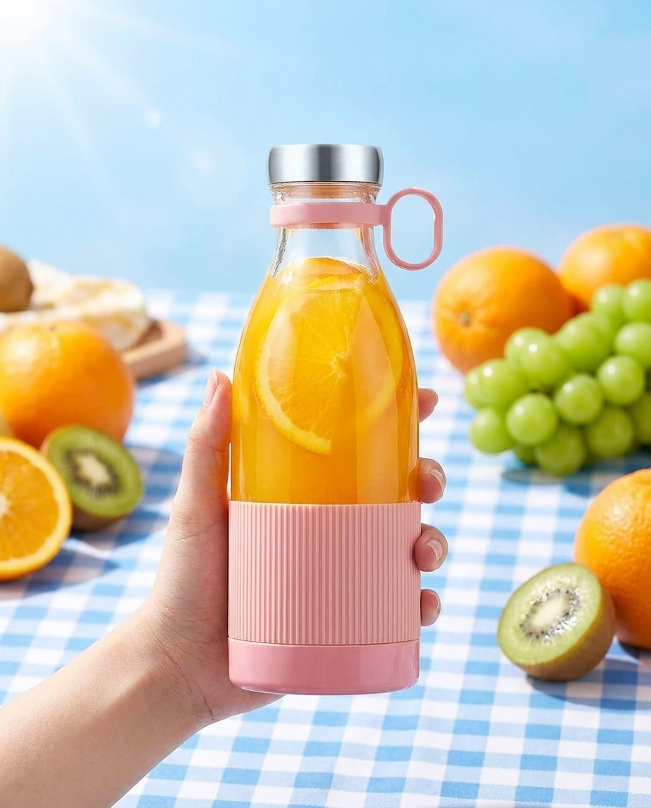 Woman holding portable juice blender outdoors