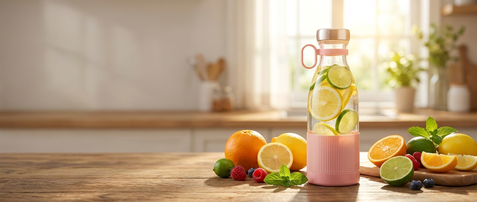 Homepage hero banner - portable juice blender on kitchen counter